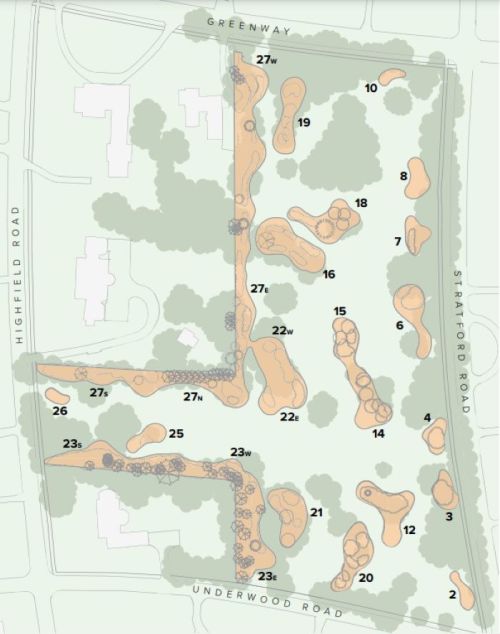 Map of a park layout showing numbered paths and areas, with surrounding roads labeled.