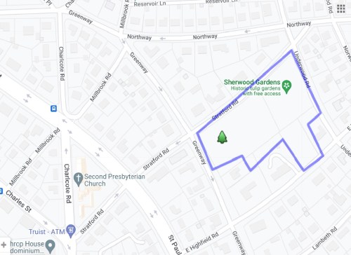 Map showing Sherwood Gardens with a tree icon, bordered by Greenway, Northway, and nearby streets.