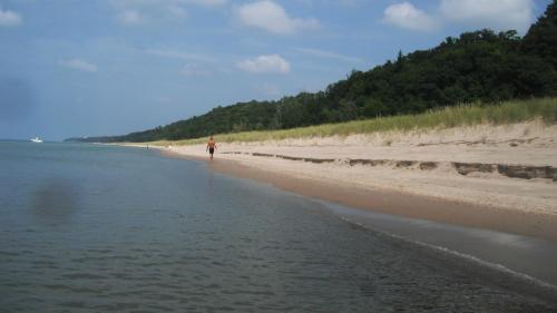 A serene beach scene with a person walking along the shore, surrounded by water and lush green hills in the background.