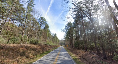 A quiet, tree-lined road stretches into the distance under a blue sky with wispy clouds.