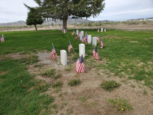 Graveyard with white headstones surrounded by small American flags on a grassy field.