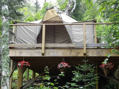 A tent cabin on a wooden deck surrounded by trees and hanging flower baskets.
