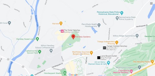 Map showing the location of Hershey Gardens and nearby attractions in Hershey, Pennsylvania.