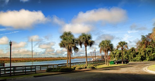 A scenic view of a river with palm trees, blue sky, and fluffy clouds, alongside a paved area and a parked car.