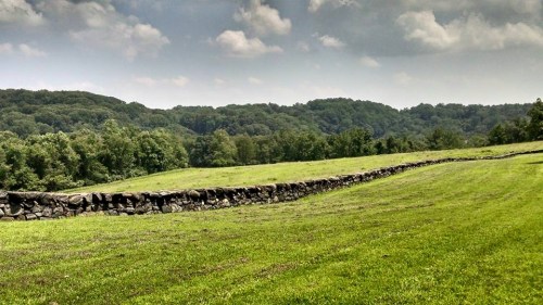 A lush green field with a stone wall, surrounded by rolling hills under a cloudy sky.