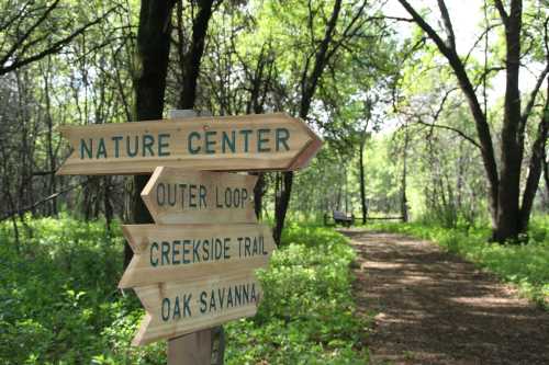 Wooden signpost in a lush green forest, pointing to a nature center and various trails.