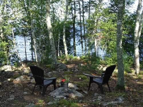 Two black chairs facing a serene lake, surrounded by trees and rocks, with a small flower pot in the foreground.