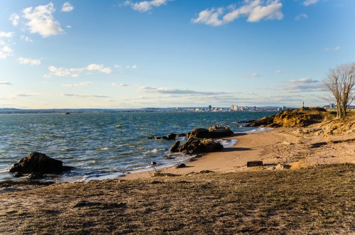 A serene beach scene with rocky shorelines, gentle waves, and a distant city skyline under a clear blue sky.