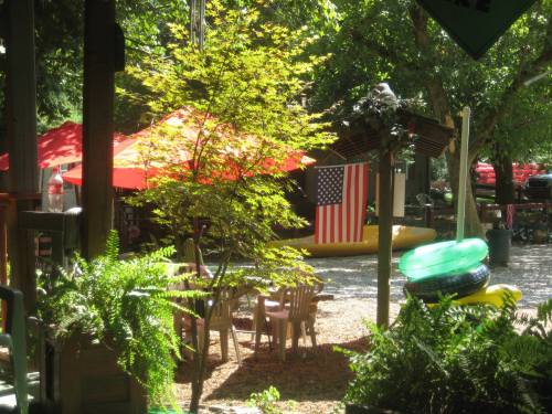 A sunny outdoor scene with green trees, a small table, and an American flag hanging near colorful inflatable rings.