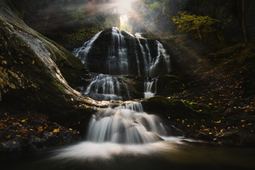 A serene waterfall cascades over rocks, surrounded by lush greenery and illuminated by soft sunlight.