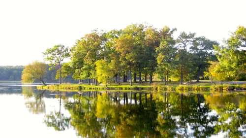 A serene lake scene with trees reflecting on the water, showcasing vibrant autumn colors and a peaceful atmosphere.