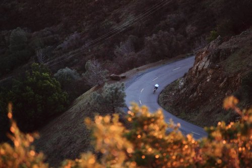 A cyclist rides along a winding road surrounded by hills and trees during sunset, with warm light illuminating the scene.