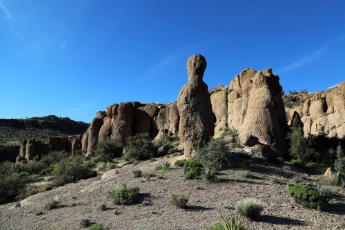 A unique rock formation resembling a figure stands among boulders and desert vegetation under a clear blue sky.