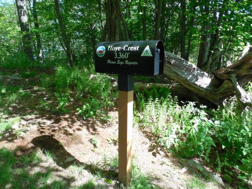 A black mailbox on a wooden post in a forested area, labeled "Hoye-Crest 3360" with a sign to register.