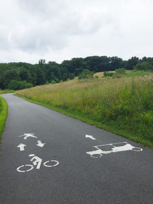 A paved path with bike and pedestrian symbols, surrounded by green fields and trees under a cloudy sky.