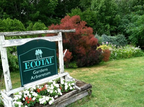 Sign for Ecotat Gardens Arboretum surrounded by lush greenery and colorful flowers.