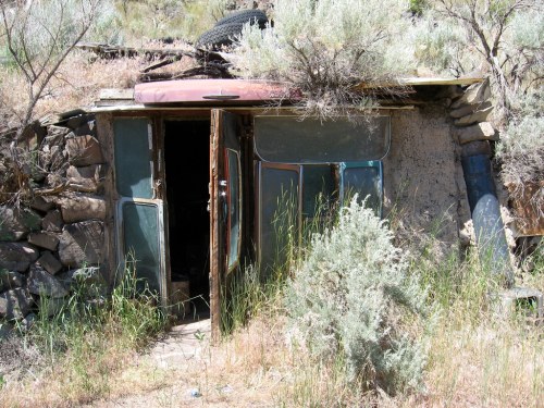 An old, rustic structure made of stone and wood, partially overgrown with grass and shrubs, with a door at the front.