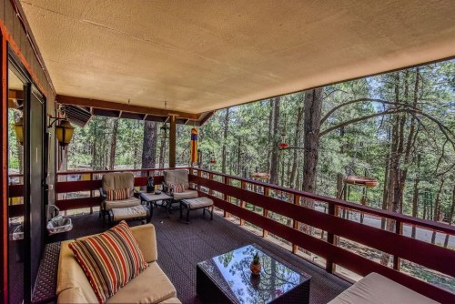 Cozy porch with seating and a table, surrounded by tall trees and a peaceful forest view.