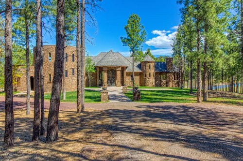 A large stone house surrounded by tall trees and a clear blue sky, with a driveway leading to the entrance.