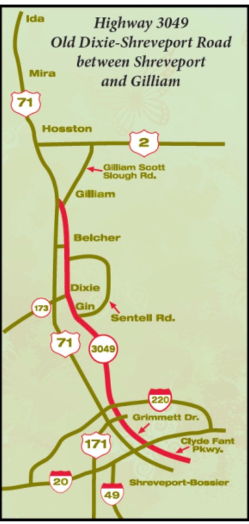 Map of Highway 3049 (Old Dixie-Shreveport Road) between Shreveport and Gilliam, showing key routes and intersections.