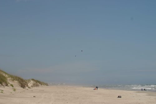 A sandy beach with gentle waves, distant people, and a clear blue sky, creating a serene coastal scene.