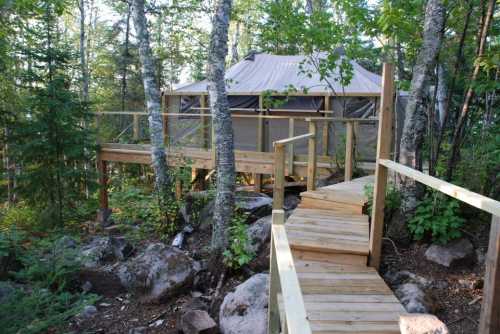 A wooden walkway leads to a yurt nestled among trees and rocks in a forested area.