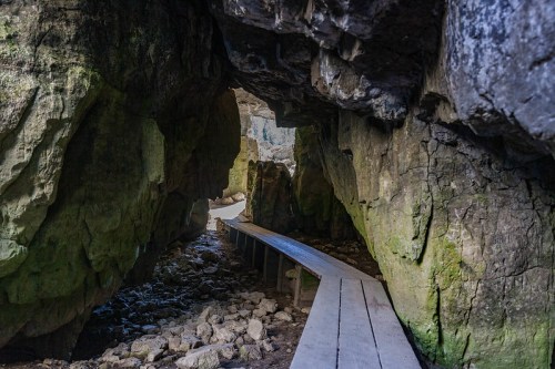 A wooden walkway leads through a rocky cave, with light illuminating the entrance and moss-covered walls.