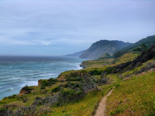 A scenic coastal view with rolling hills, a winding path, and waves crashing against the shore under a cloudy sky.