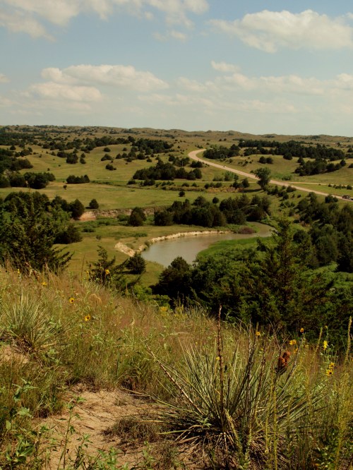 A scenic view of rolling hills, a winding road, and a river surrounded by greenery under a partly cloudy sky.