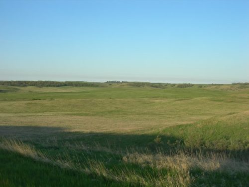 A vast, open landscape with rolling green hills under a clear blue sky.