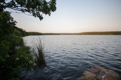 A serene lake surrounded by greenery under a clear sky, with gentle ripples on the water's surface.