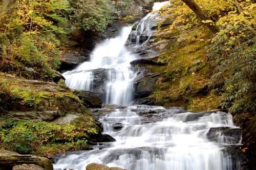 A serene waterfall cascading over rocks, surrounded by lush greenery and autumn-colored leaves.