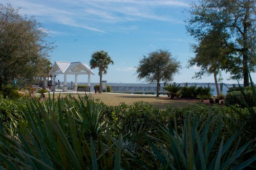 A scenic view of a park with palm trees, a gazebo, and a waterfront under a clear blue sky.