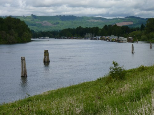A calm river scene with distant hills, old wooden pilings, and a small marina in the background under a cloudy sky.