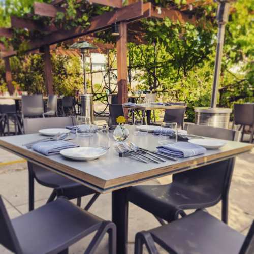 Outdoor dining area with a table set for four, surrounded by greenery and a pergola.