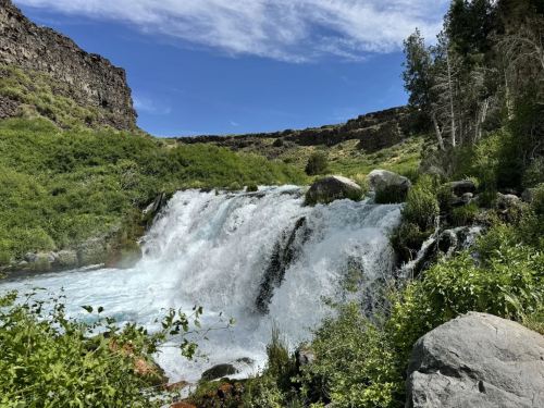 A cascading waterfall surrounded by lush greenery and rocky cliffs under a clear blue sky.