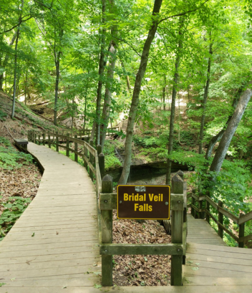 A wooden path leads through lush greenery to a sign for Bridal Veil Falls, surrounded by trees and natural scenery.