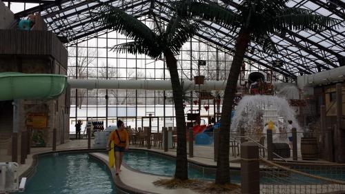 Indoor water park featuring slides, palm trees, and a pool area with guests enjoying the attractions.