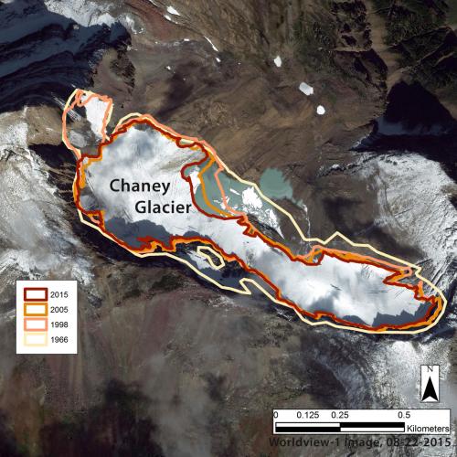 Map showing the Chaney Glacier's retreat over time, with outlines from 1966, 1998, 2005, and 2015.