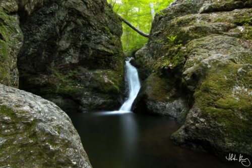 A serene waterfall cascades between moss-covered rocks in a lush green forest.