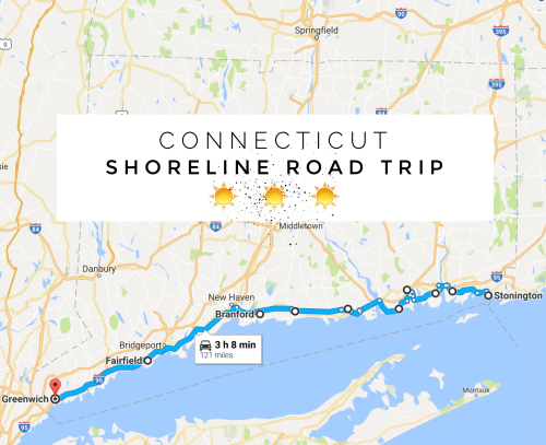 Map of Connecticut highlighting a shoreline road trip route from Greenwich to Stonington, with travel time and distance noted.