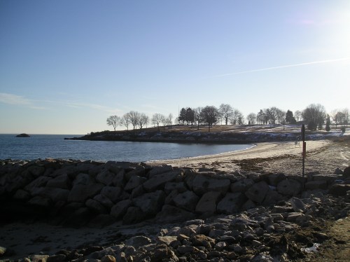 A serene beach scene with a rocky shoreline, calm water, and trees in the background under a clear blue sky.