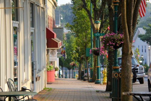 A quiet street lined with trees, shops, and hanging flower baskets, bathed in warm morning light.