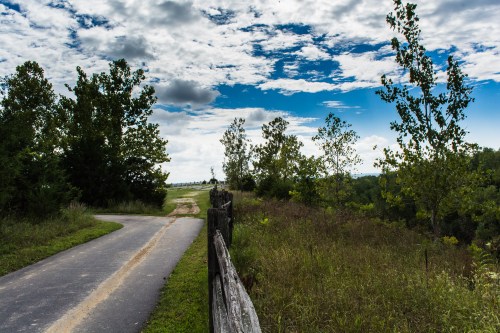 A winding path leads through greenery under a cloudy blue sky, with trees lining the sides and a wooden fence.