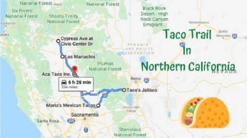 Map showing the Taco Trail in Northern California, highlighting taco restaurants and travel time. Taco icon included.