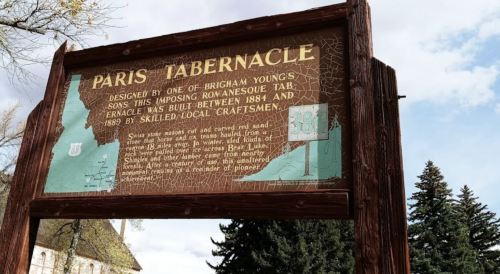 Sign for Paris Tabernacle, detailing its design and construction by local craftsmen between 1884 and 1889.