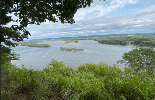 A scenic view of a river with islands, surrounded by lush greenery and a cloudy sky.