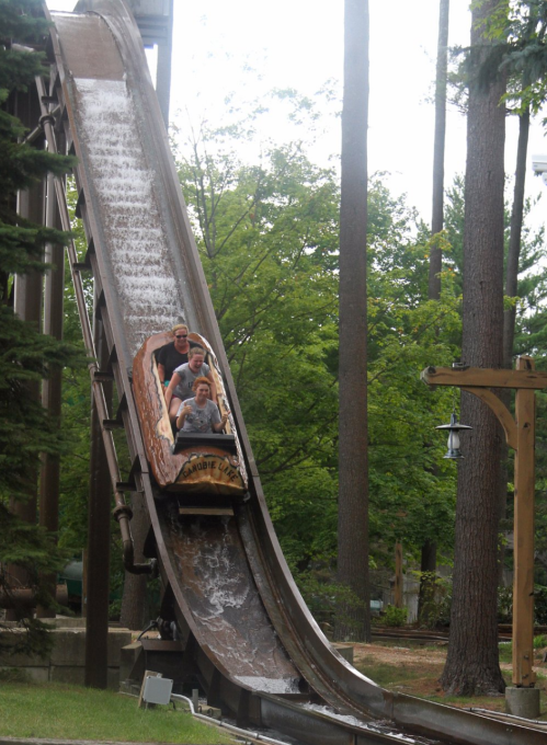 A log flume ride with four people descending a steep slide surrounded by trees. Water splashes as they go down.