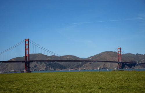 Golden Gate Bridge spans across a bay, with green grass in the foreground and hills in the background under a clear blue sky.