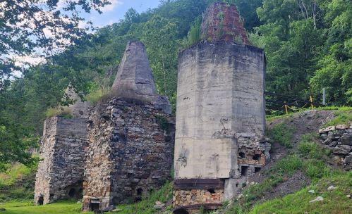 Ruins of old stone structures surrounded by greenery, with remnants of brick and concrete visible.